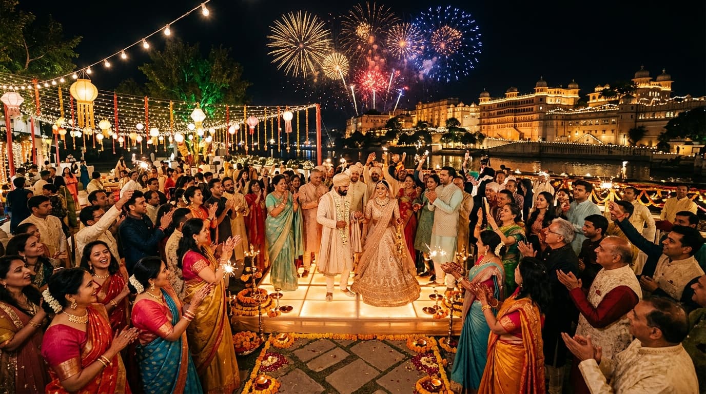 Full-width cinematic Indian celebration image with warm lights and fireworks