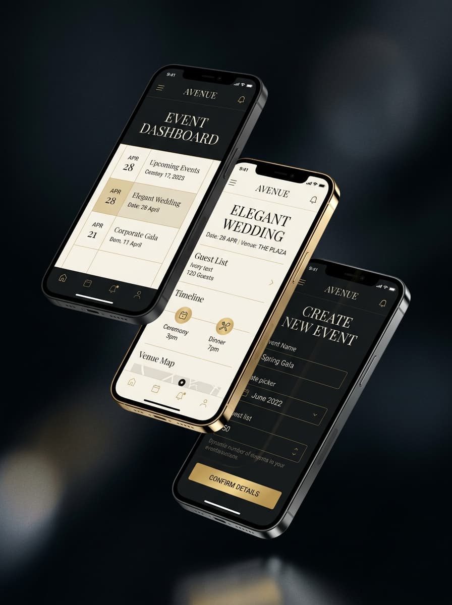 Three premium smartphone mockups overlapping diagonally showing the event planning app