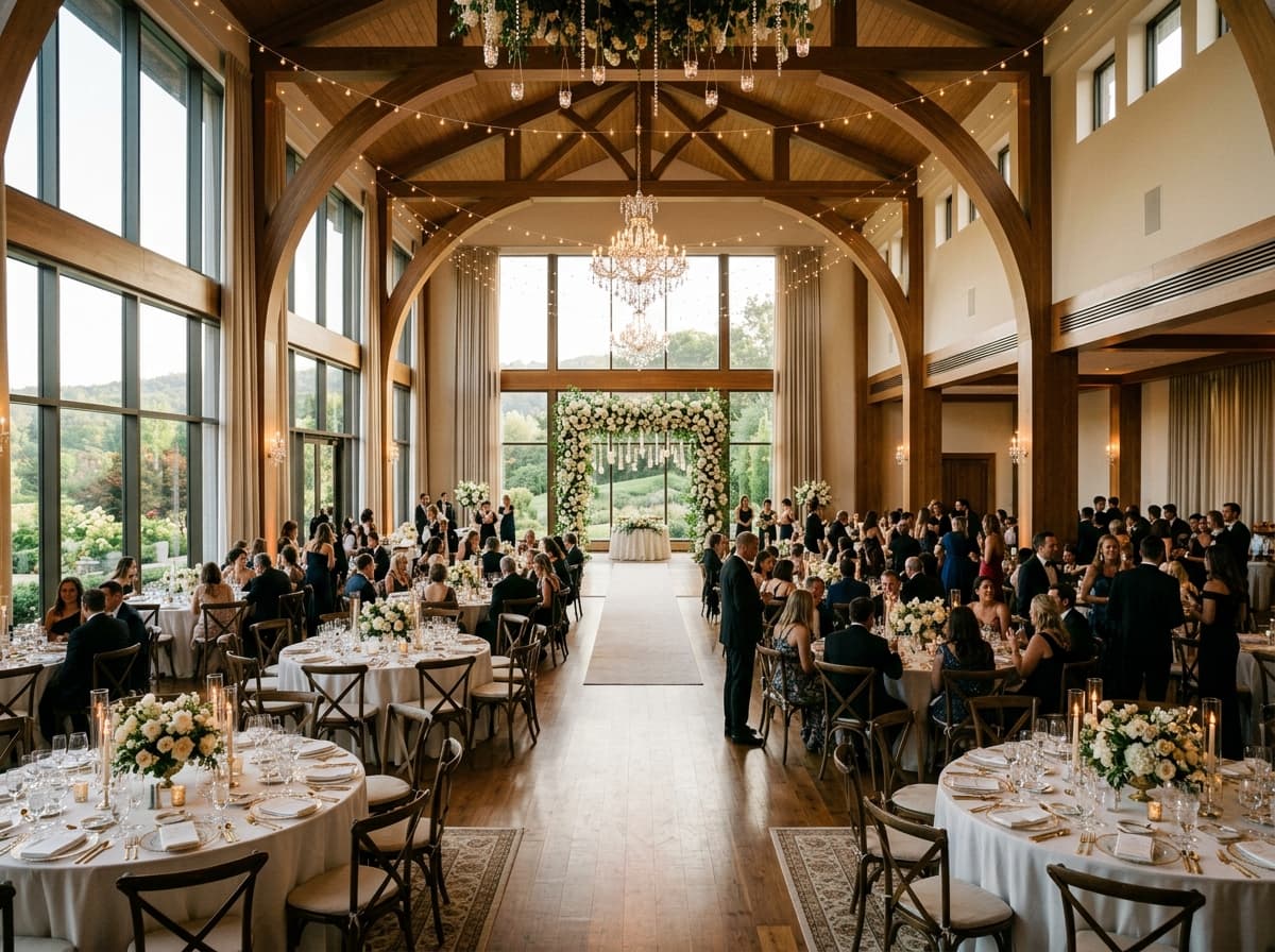 A luxury modern banquet hall with elegant wedding decor