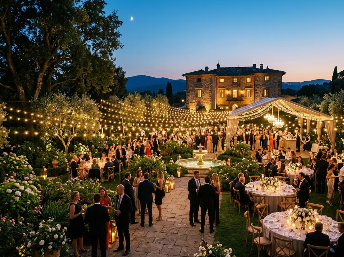 A luxury outdoor garden event space at dusk with beautiful string lights